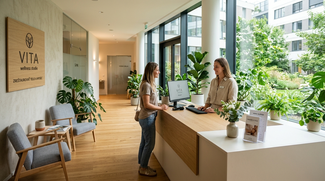 Svetlé moderné štúdio s recepciou pripravené na privítanie klientov